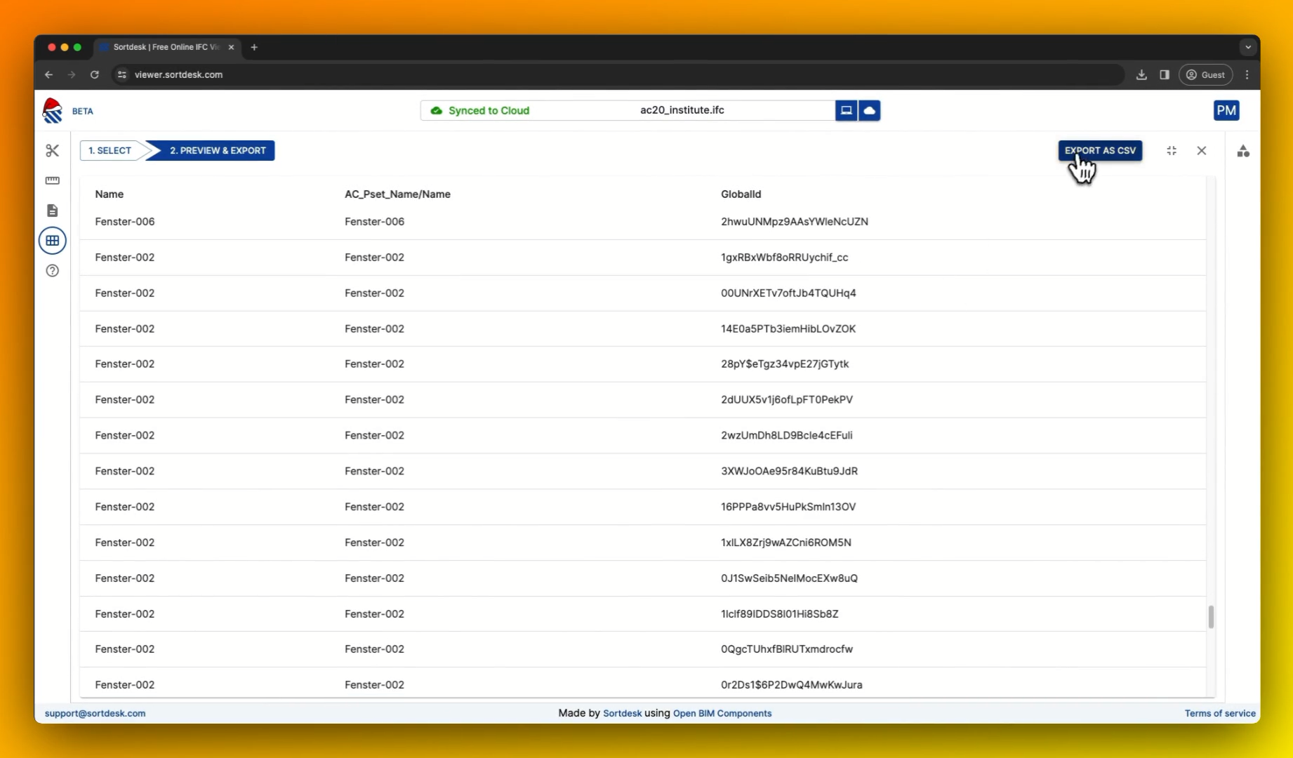 CSV data export from a custom BIM viewer showing automated extraction of element properties, quantities, and metadata for reporting and analysis workflows